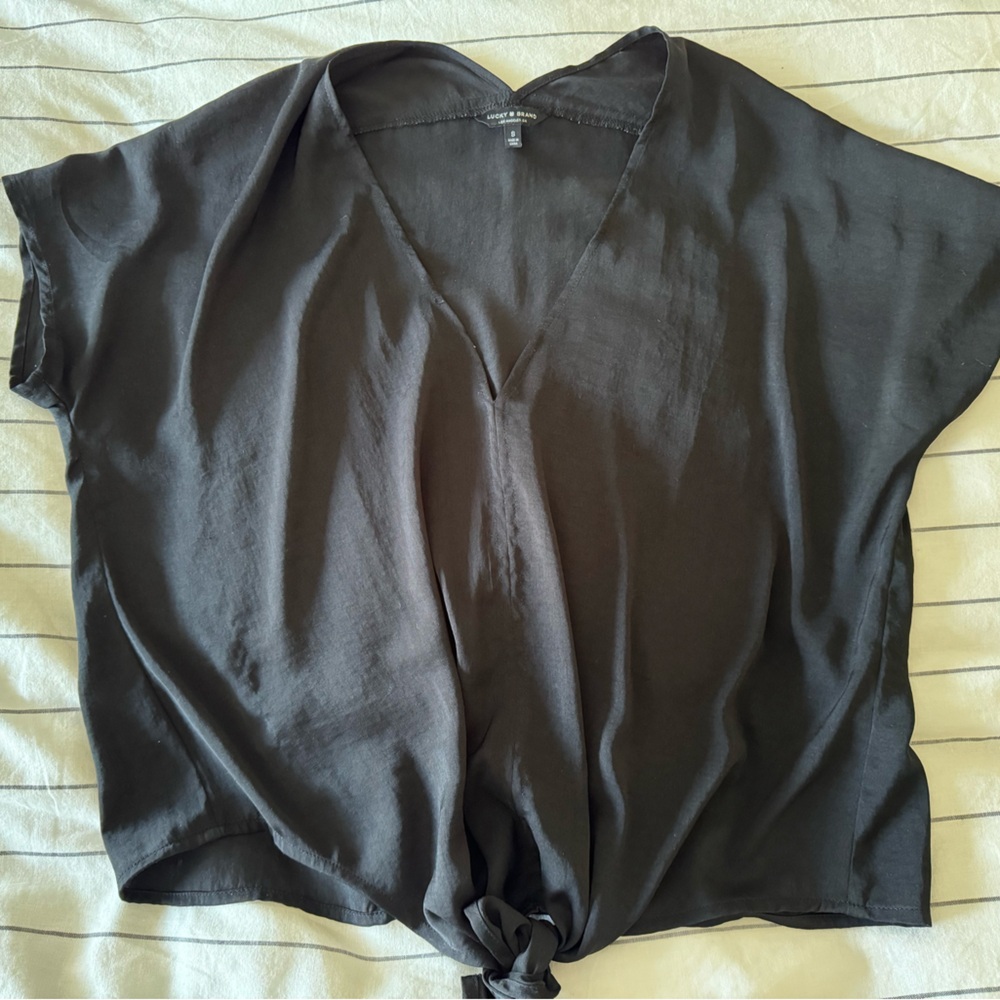 Black V Neck Bottom Tie Blouse